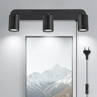 Imagen de TaFiCo Aplique Pared con Enchufe y Interruptor 3 Focos Negro GU10 Lampara de Cable Giratorio 350 Retro Apliques Dormitorio Salón Pasillo Pintura Mural Sin Bombillas