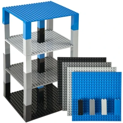 Imagen de Strictly Briks Pack de 4 Bases con Ladrillos separadores 2 x Construcción en Forma Torre Compatible Todas Las Marcas 15,24 cm Azul, Gris, Negro