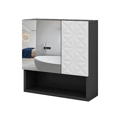 Imagen de Vicco Armario con Espejo para baño Edge, Negro/Blanco, 54 x 55 cm Puerta y Compartimentos Abiertos