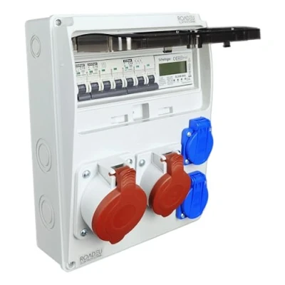 Imagen de RoadEu Distribuidor de pared con contador electricidad. Enchufe CEE 16 A y 32 2 x Schuko 230 V. corriente e interruptor circuito. Totalmente cableado.