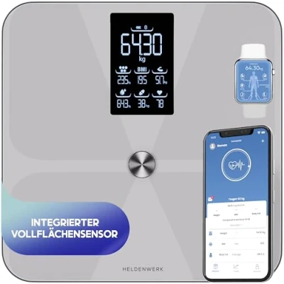 Imagen de HELDENWERK báscula de baño para personas con aplicación y sensor superficie completa, 180 kg/400 libras, cuerpo digital, Bluetooth análisis corporal grasa corporal, IMC, masa