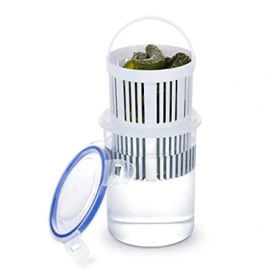 Imagen de DUDNJC tarro de pepinillos con inserto colador, cubo encurtidos, plástico para cesta drenaje, contenedor almacenamiento conservar y mantener los