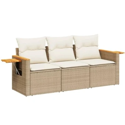 Imagen de vidaXL Juego de Sofás Jardín con Cojines 3 pzas, Asientos Respaldos, Modulares, Muebles para Patio Terraza, Ratán PE Beige