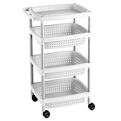 Imagen de Tatay Carrito de verdulero 4 Niveles, Color Blanco Mate, con Ruedas y 3 cestas 1 Bandeja Superior, extraibles. Fabricadas en Material plástico Libre BpA