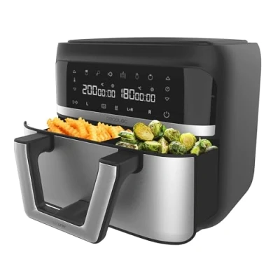 Imagen de Freidora de aire Cecotec Cecofry Dual 9000, 9 L, 2850 W, Opción dividir la cubeta en dos 4.5 6 menús, Temperatura dual, Temporizador, Inox