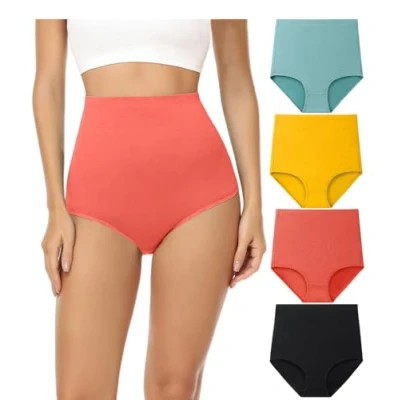 Imagen de wirarpa Bragas Mujer Algodón Elásticas Culotte Súper Cintura Alta Braguitas Cómodas Cobertura Completa Pack de 4 Multicolor Talla L