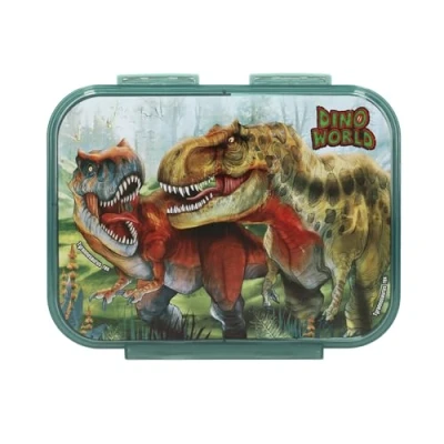 Imagen de Depesche 13401 Dino World Bite Verde Oscuro, con Motivo de Dinosaurio y Paisaje, Fiambrera 3 Compartimentos Tapa abatible, Multicolor, 1 Piece