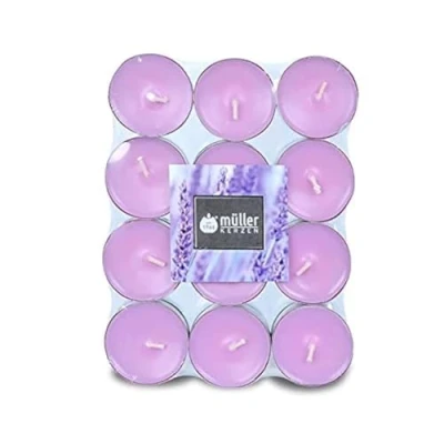 Imagen de Müller Kerzen Tealights velas perfumadas Fragancia Lavanda 39 x 15 mm Duración 4 horas de cera color violeta Recipiente aluminio antigoteo Juego 24
