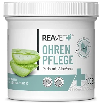 Imagen de ReaVET 100 unidades de limpiador oídos para perros y gatos Almohadillas el cuidado las orejas toallitas limpieza especialmente suave con aloe vera