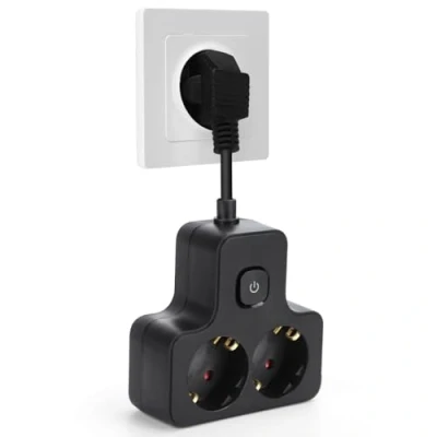 Imagen de Aigostar Adaptador Con Interruptor Enchufes 2 Tomas, Regleta Enchufe Protección Infantil,16A,250V,cable de 0,05m Blanco (1 Pieza, Schuko, Negro