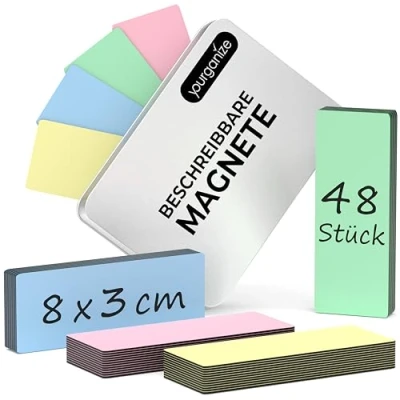 Imagen de YOURGANIZE® 48 Bandas magnéticas grabables 8 x 3 cm, 4 Colores Imanes regrabables para Nevera, Pizarra Blanca, Scrum &amp; Kanban