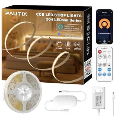 Imagen de PAUTIX Tira LED COB Blanco Cálido 2700K 7,5m,504LEDs/M 24V Regulable Flexible con Remoto RF/APP Inteligente/Alexa Control y Fuente de Alimentación,Brillo CRI90+ para Decoración del Hogar