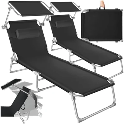 Imagen de tectake® Set de 2 Tumbonas Jardín Exterior con Parasol y Respaldo Regulables, Tumbona Plegable Reposacabezas, Playa Resistente a la Intemperie, Piscina Carga Máx. 110 kg negro