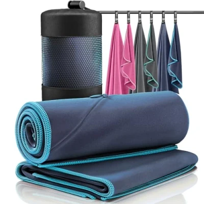 Imagen de Juego de Toallas Microfibra + Funda Transporte Set 2 Azules: Grande para baño, pequeño Cuerpo y Cara Ultra Ligeras, absorbentes, Secado rápido Deporte Viaje Playa Gimnasio