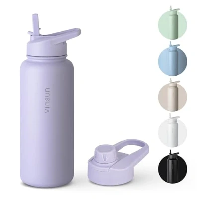 Imagen de Vinsun Botella Agua Acero Inoxidable 1 Litro Termica con Pajita (2 Tapas) sin BPA, Doble Pared, Prueba de Fugas Cantimplora para Deporte, Oficina, Viaje