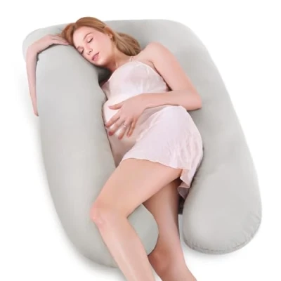 Imagen de Otauoaea Almohada para Embarazadas, de Embarazo, Cuerpo Completo en Forma U, Lactancia con Funda 100% Algodón Extraíble y Lavable,145x70 cm(Gris)