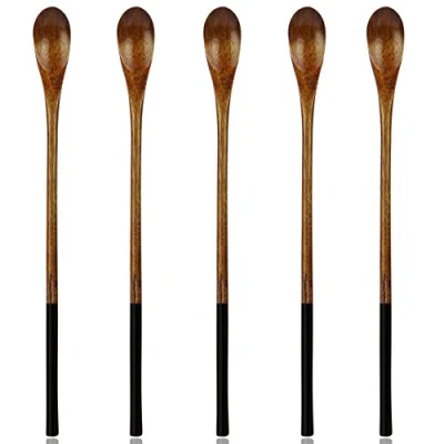 Imagen de AOOSY cucharas de madera, cuchara mango largo madera 5 piezas Juego mezcla natural para café, té helado, bebidas calientes (marrón oscuro)