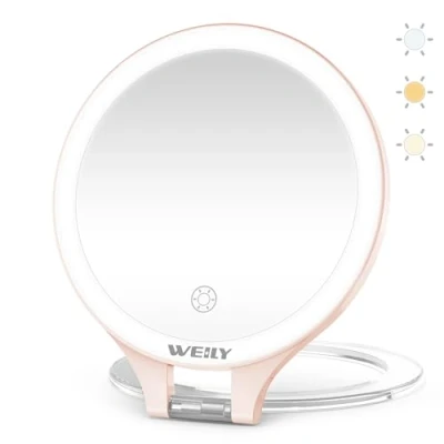 Imagen de WEILY Espejo Maquillaje con Luz, 10X/1X Aumento, Doble Cara de Viaje, 3 Luces Color, Control Táctil, Recargable Portátil para Dormitorio y Baño(Rosa)
