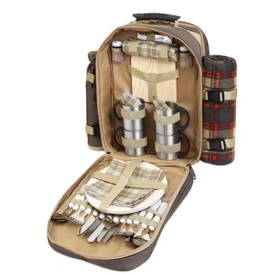 Imagen de Mochila de picnic para 4 personas con manta picnic, vajilla metal, tabla cortar madera, enfriador botellas, salero, servilletas y juego cubiertos, ideal exteriores acampadas
