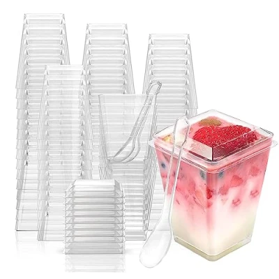 Imagen de PALUDO 50 Piezas Mini Tazas de Postre con Tapas y Cucharas, 150 ml Vasos Plástico Reutilizables, Copas Transparentes para Pudín Mousse Bodas Fiestas