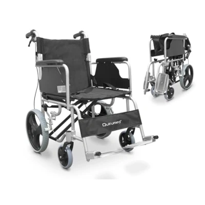 Imagen de QUIRUMED Silla de ruedas aluminio para viajes, Asiento 46 cm, tránsito, traslado, Plegable, Ligera, Cinturón seguridad, Reposapiés abatibles