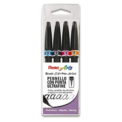 Imagen de Pentel SESF30C Brush Sign Pen Artist punta de pincel extra fina bolsillo 4 unidades (negro, naranja, rosa, azul)