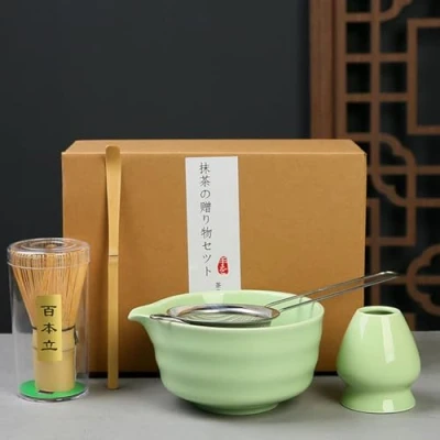 Imagen de matcha Set Te Kit 5 piezas incluye con batidor de bambú (Chasen) cuchara soporte para y cuenco ideal preparar ceremonias del té (Cian)