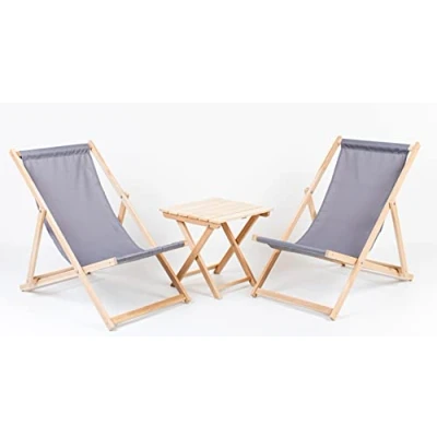 Imagen de 2X Tumbonas + Mesa de Madera, Plegables, con Funda Tela Intercambiable Hecha Madera Haya Tumbona Exteriores Plegado Sillas Jardín (Gray)