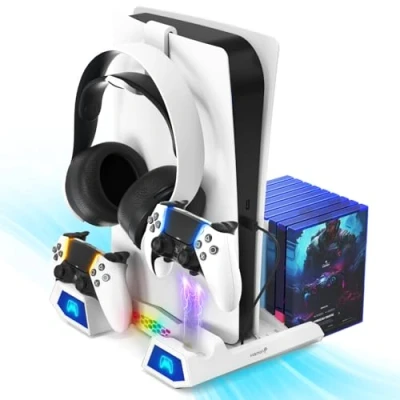 Imagen de Fosmon Estación de Enfriamiento y Soporte para PS5 e Slim con Luz LED RGB Carga Dual Controladores DualSense/Edge 10 Ranuras Juegos Auriculares