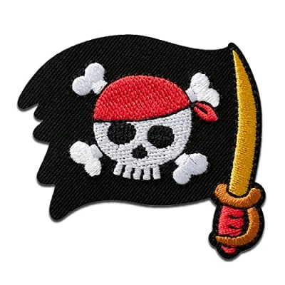 Imagen de Mono Quick Bandera pirata con sable Parches Termoadhesivos Bordados Aplique Para Ropa, Tamaño: 5,1 x 5,5 cm