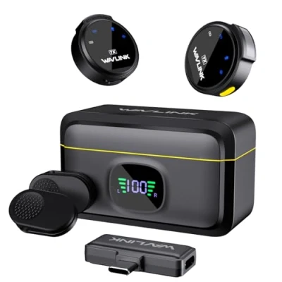 Imagen de WAVLINK Microfono Inalambrico de Solapa para Phone 15/16 Android USB C Entrada, 328ft Rango, Clip en la Sistema Microfono, Grabación Vídeo (2 * TX + 1 RX)