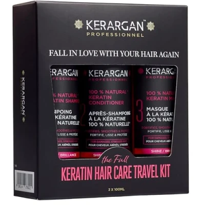 Imagen de Kerargan Kit de Viaje Ultra Reparador con Queratina Champú, Acondicionador &amp; Mascarilla Nutre, Suaviza, Fortalece Protege incluso en Movimiento Sin Sulfato, siliconas, GMO 3x100 ml