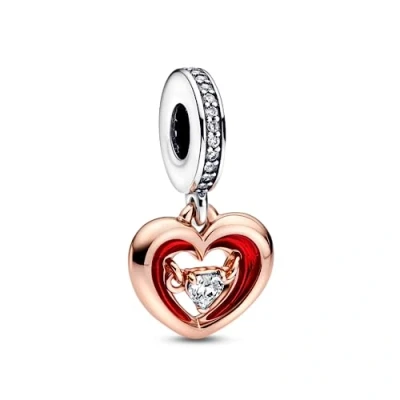 Imagen de Pandora Moments Colgante con diseño de corazón abierto plata ley y chapado en oro rosa 14 quilates, circonitas cúbicas transparentes esmalte rojo