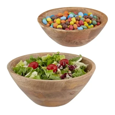 Imagen de Relaxdays Juego de 2 Ensaladeras Madera Mango, Cuencos Redondos para Ensalada, Fruteros Ø 18, 23 y 29 cm, Marrón, Caucho, Negro, 12 x cm