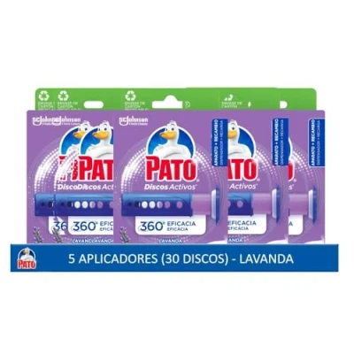 Imagen de Pato Discos Activos Lavanda Pack de 5 Aplicadores para WC con Recambios (30 Discos) Limpia y Perfuma el Inodoro