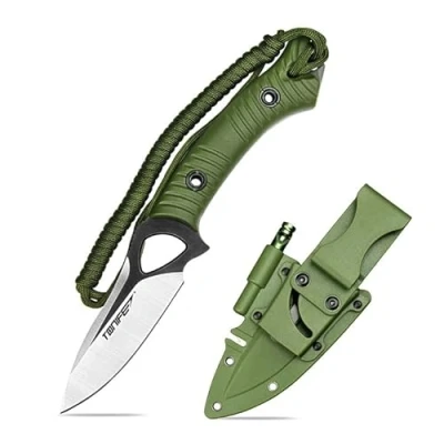 Imagen de TONIFE Explorer Cuchillo de Hoja Fija con Funda 8Cr14MoV Blade Multifuncional Supervivencia, Fibra Vidrio Reforzada Mango Nylon para EDC Cuchillo(Verde+Negro Titanio y Satén)