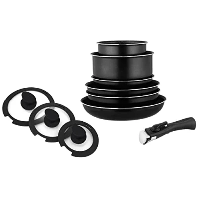 Imagen de Arthur Martin AM310SC Juego de ollas y sartenes para todo fuego, utensilios cocina aluminio con mango extraíble 10 piezas, color negro