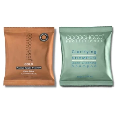 Imagen de Cocochoco Gold Kit de tratamiento queratina brasileña para el cabello, 50 ml y champú aclarador