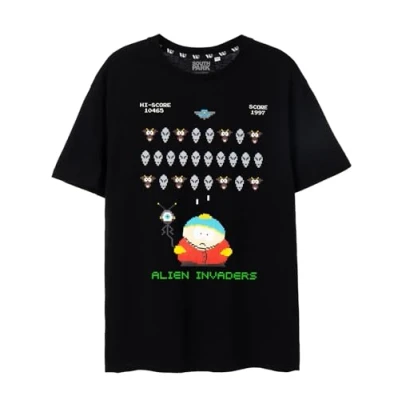 Imagen de South Park Cartman 8 bit Alien Invasion Camiseta Negra para Hombre Hilarante con gráficos de Juegos Retro Risas pixeladas Incluidas Manga Corta y cómodo
