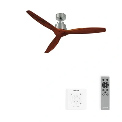 Imagen de CREATE / WINDSTYLANCE DC/Ventilador de techo níquel aspas madera oscura con controlador y mando 40W, Silencioso, Ø132 cm, 6 velocidades, temporizador, verano invierno, doble altura, motor DC