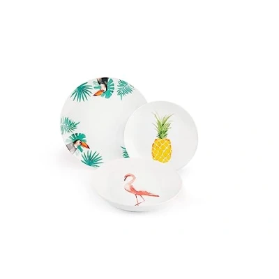 Imagen de Excelsa, Tropical Juego de Vajilla 18 Piezas, Porcelana Color Blanco con Decoraciones