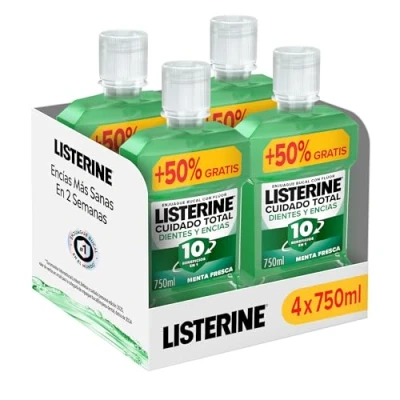 Imagen de Listerine Mentol Sabor Suave, pack de 4 x 750 ml, enjuague bucal refrescante con flúor, colutorio sin alcohol uso diario, elixir para un aliento fresco duradero