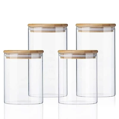 Imagen de Gigmeta Juego de 4 Tarros Cristal 800/1200ml Con Tapas Bambú, HerméTicos Cocina, Especias, Borosilicato Reforzado
