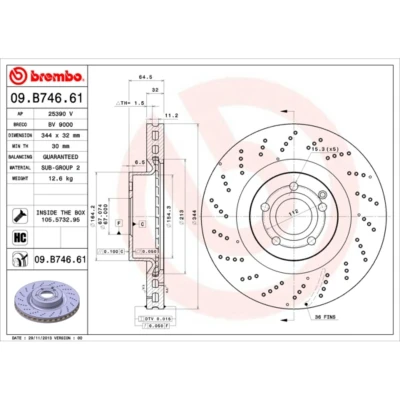 Imagen de BREMBO COATED DISC LINE 09.B746.61 Disco de freno 344 32 5 perforado/ventil. int. revestido altamente carbonizado con tornillos