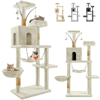 Imagen de JUPPLIES Rascador para Gatos 143cm Arbol Estable de Varios Niveles Actividades con 5 Plataformas, 3 nidos y 1 Casa Torre (Beige)