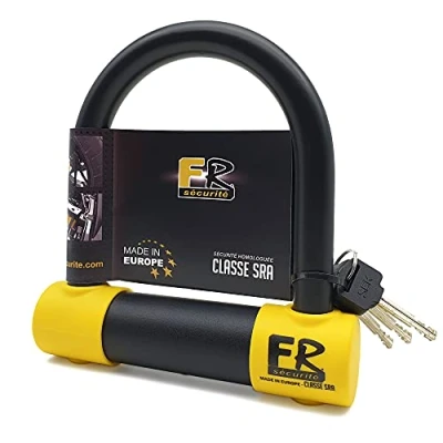 Imagen de FR SECURITE FR120S Candado Moto U Alta Seguridad Homologado SRA, Horquilla ø18 Acero Endurecido Doble Bloqueo, lock Abrazadera Cepo Antirrobo 120x125mm para Neumático Motocicleta, Scooter