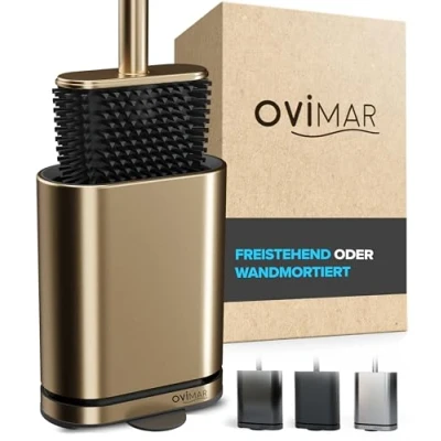 Imagen de Escobilla de baño Amager Ovimar Oro Silicona con ventilación Acero Inoxidable Bandeja Goteo extraíble Sólo 6 cm Ancho