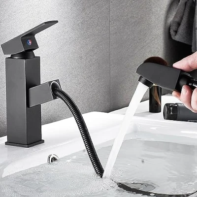 Imagen de Grifo lavabo negro mate extensible extraible acero inoxidable monomando agua fria y caliente 2 mangueras incluidas