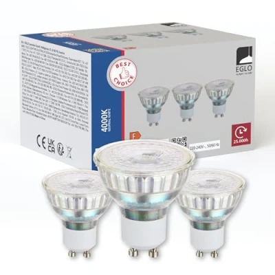 Imagen de Eglo Juego de 3 bombillas GU10, focos reflectores LED, lámparas reflectoras 4,5 vatios cada una (equivale a 30 W), blanco neutro, 4000 K, bombilla Ø 5 cm