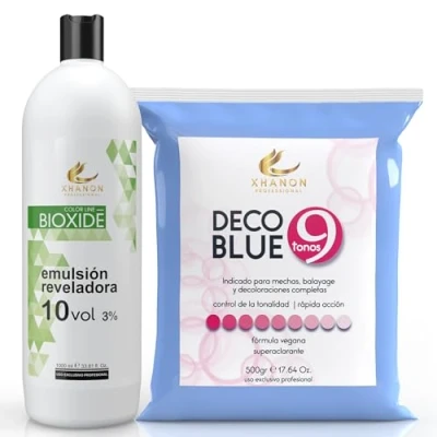 Imagen de Pack Oxigenada en Crema 1000ml 10 Vol + Polvos Decolorantes de Cabello Azul 9 tonos 500gr Fórmula Vegana Superaclarante Xhanon Professional
